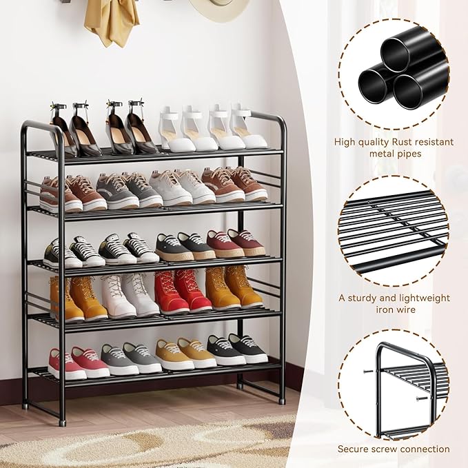 5 Tier Stackable Shoe Rack, 32.5" Wide All Metal Free Standing Shoe Storage Organizer for Entryway, Closet, Black