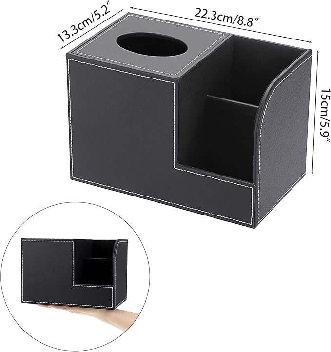Sumnacon Square Leather Tissue Box Cover - Decorative Cube Tissue Box Holder with Side Organizer, Modern Tissue Box for Living Room Vanity Night Stand Table Countertop Office, Black