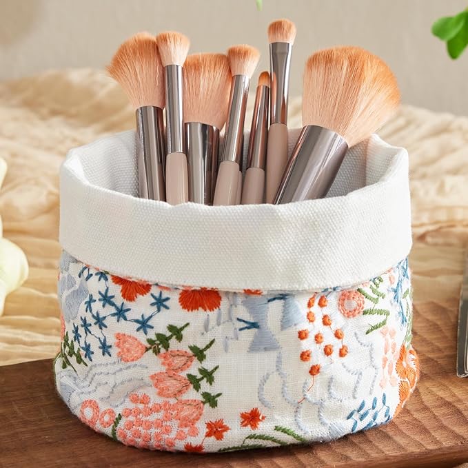 HAUSFRAU Decorative Storage Baskets - Round Embroidered Jacquard Baskets for Home Decor and Organizing - Small Storage Box and Organizer Bins, 5.12"x5.12"x5.12", White Flowersea