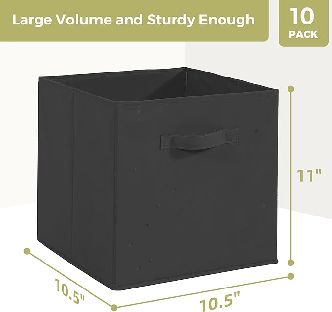 Storage Cubes, 11 Inch Cube Storage Bins, Set of 10, Fabric Foldable Storage Bins With Handles, Closet Storage Organizer Bins, Cubby Clothing Storage Baskets for Shelves, Black