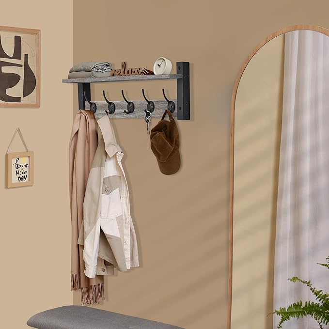 Sorbus Coat Hooks Wall Mount with Shelf – 24 Inch Coat Rack Wall Mount with 5 Heavy Duty Hooks – Floating Wall Shelf with Hooks for Entryway, Bathroom, Bedroom, Kitchen, or Mudroom (Gray)