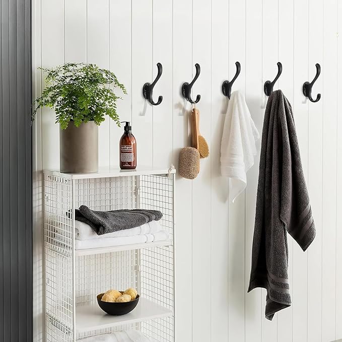khtumeware 4 Pack Black Coat Hooks Wall Mount Heavy Duty Utility Retro Double Hooks for Hanging Coats,Hat, Towel, Key, Robe, Scarf, Bag, Cap (Black)