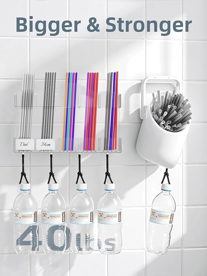 9.8" Acrylic Straw Holder for Cabinet Door - Straw Organizer with Ultra-Sticky Adhesive, Kitchen & RV Essensials, 5-Compartment Storage for Reusable Straws & Brushes, Colored Pencils, Markers