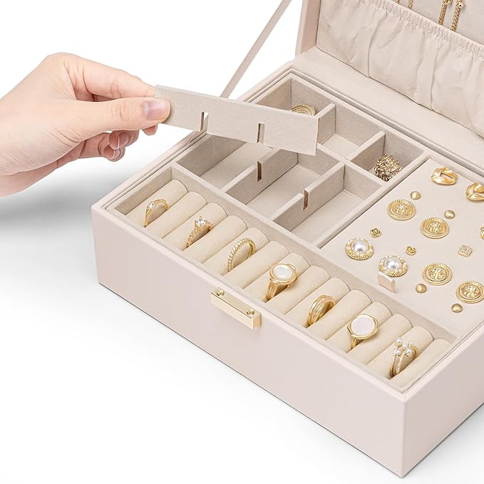 Vlando 2 Layer Jewelry Box Large Jewelry Organizer for Women Removable Jewelery Tray for Necklace Earrings Rings Bracelets Christmas Gifts for Mom Wife (Light Pink)