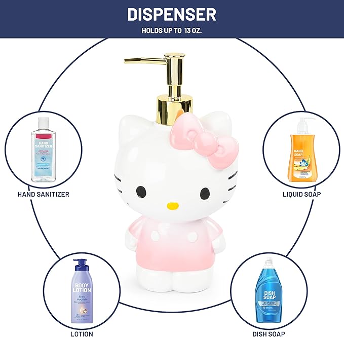 Jay Franco Hello Kitty 4 Piece Bathroom Accessories Set - Pink Resin Soap Dispenser, Toothbrush Holder, Soap Dish, Tumbler - Sanrio Kawaii Bathroom Decor