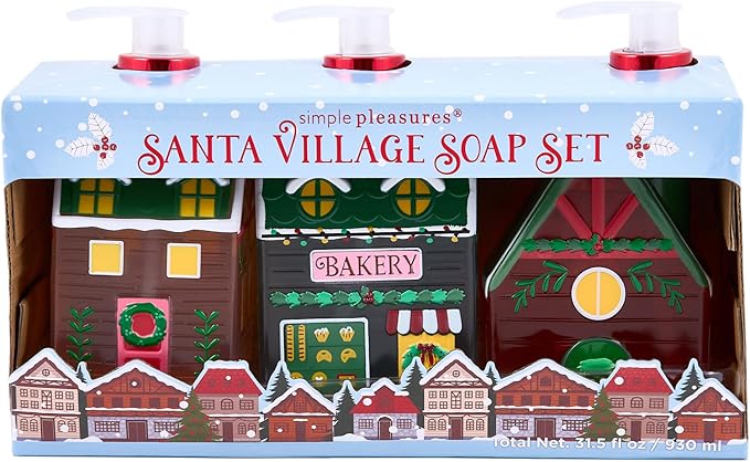 Simple Pleasures Christmas Holiday Village 3 Pack - Frosted Strawberry, Snow Flurries, Peppermint Swirl Scented Decorative Refillable Soap Dispensers for Kitchen Countertops and Bathroom Sinks