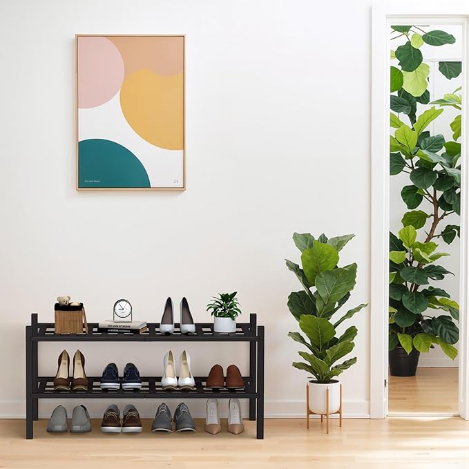 Haddockway 2 Tier Bamboo Shoe Rack Storage Organizer, Multifunctional Free Standing Stackable Shoe Shelf with Grid Panel for Closet,Hallway,Entryway,Small Space 27"x11"x13"