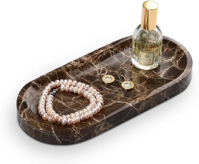 Bathroom Vanity Tray, Natural Marble Oval Tray 10 inch, Emperador Dark Marble Vanity Tray for Soap Dispenser Modern Countertop Organizer for Kitchen Countertops, Home Decor