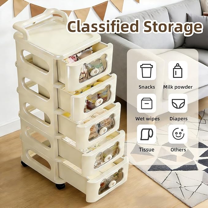 Drawer Storage Organizer, Rolling Storage Cart with 8 Drawers, Plastic Drawer Tower Organization Storage Container with Wheels for Home, Bathroom, Kitchen, Entryway, Office, Dorm