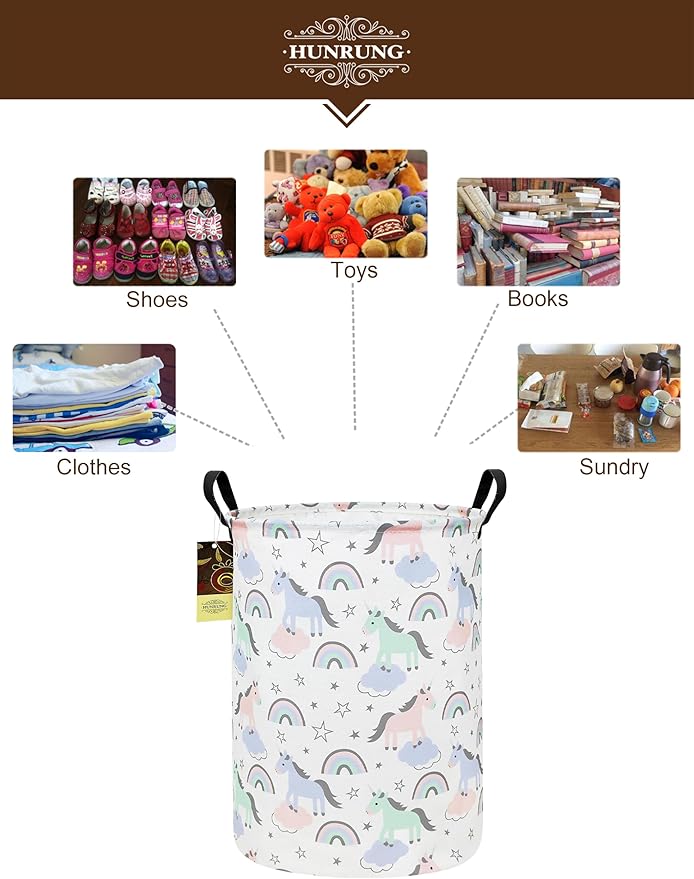 HUNRUNG Laundry Hamper,Large Canvas Fabric Lightweight Storage Basket Toy Organizer Dirty Clothes Collapsible Waterproof for College Dormsï¼Round-Star Unicornï¼