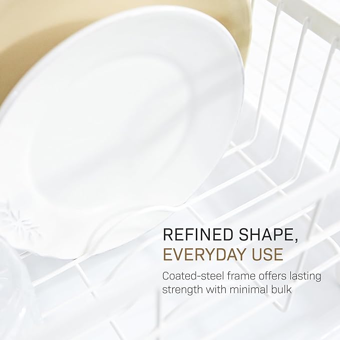 YAMAZAKI Home Dish Drying Rack – Modern White Dish Rack for Kitchen Counter with Removable Drainer Tray and Cutlery Holder, Steel + Wood Dish Drying Organizer - Steel + Wood -