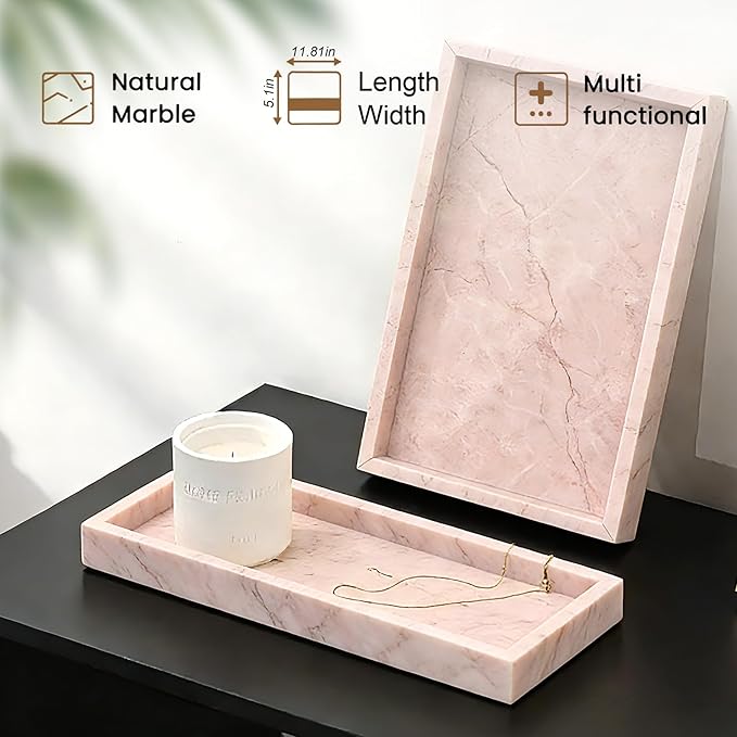 Natural Marble Tray, Stone Tray for Bedroom/Bathroom/Kitchen/Vanity Countertop, Jewelry Tray for Rings Earrings Necklace Bracelet Watch, Room Decor Aesthetic