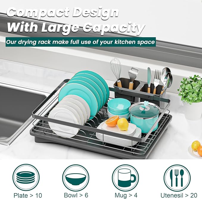Small Dish Drying Rack for Kitchen Counter with Drainboard & Utensil Holder, Metal Dish Drainers for Kitchen with Adjustable Drain Spout, Ideal Dishes Strainers for Singles or Couples (Black)