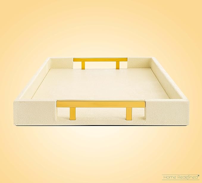 Modern Elegant 17.5âx12â Rectangle Cream Rectangle Shagreen Faux Leather Decorative Tray Ottoman Tray Coffee Table Perfume Living Room Kitchen Serving Tray with Gold Polished Metal Handles.