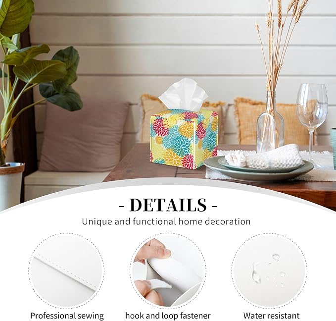 Chrysanthemum Flower Tissue Box Cover Leather Tissue Box Holder Square Facial Paper Organizer Dispenser for Bathroom Kitchen Bedroom Vanity Countertop Night Stands
