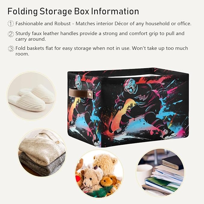 Storage Basket Colorful Abstract Ice Hockey Player Durable Canvas Collapsible Toy Box Organizer Bin with Handles for Shelf Closet Bedroom Home Office