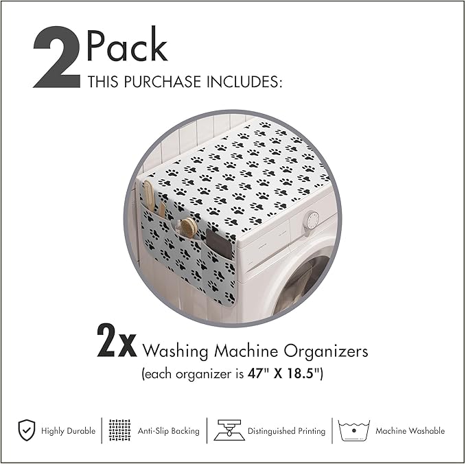 Ambesonne Paw Print Washing Machine Organizer Pack of 2, Puppy Kitten Dog and Cat Themed Repetitive Pet Foot's Stains Concept, Anti-Slip Cover for Washers Dryers, 47" x 18.5", Grey White