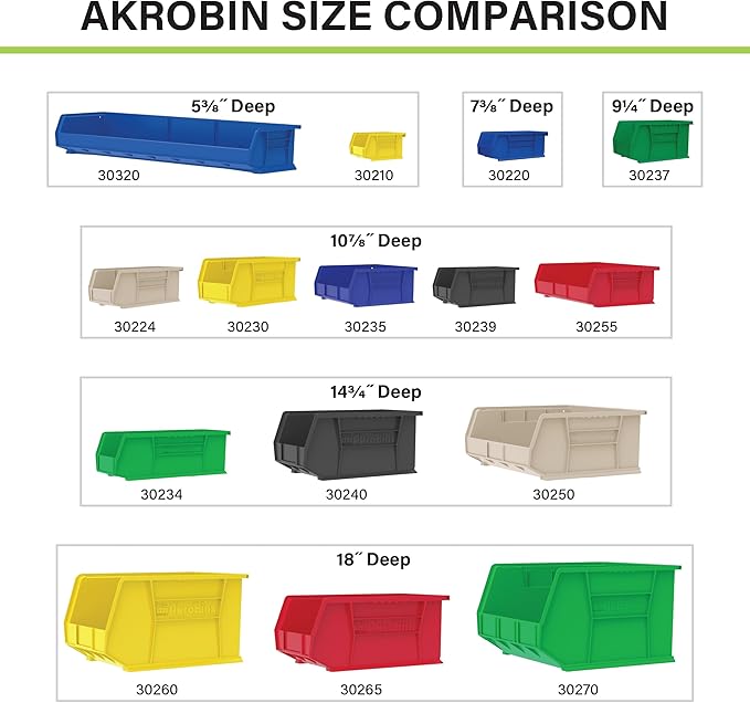 Akro-Mils 30260 AkroBins Plastic Storage Bins, Space-Saving Stackable Bins for Garage, Pantry, Craft Organization, 18" x 11" x 10", Stone, 6-Pack