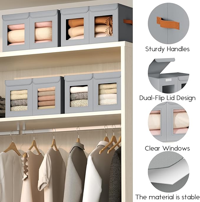 Large Closet Storage Bins - Collapsible Divided Clothes Organizer with Lids & Dual Window, Fabric Organizing Bins for Clothes, Sweater, Bedroom, Office (Grey, 2 Pack)