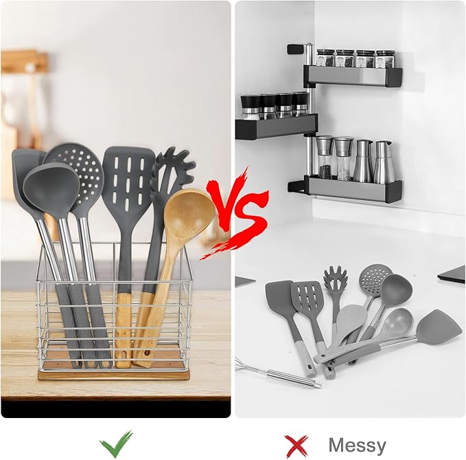 Utensil Holder for Kitchen Counter, Metal Utensil Holder Rack for Kitchen Countertop, Cooking Tools Storage for Spatula, Utensil Organizer with Wooden Base, and Drainage Hole (Chrome Wooden)