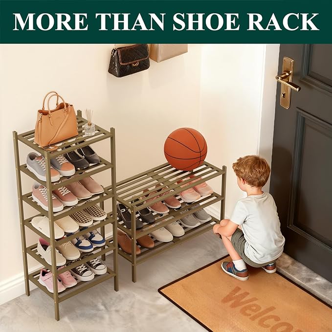 Smiry Small Bamboo Shoe Rack 5-Tier, Stackable Wooden Shoe Organizer for Entryway & Closet, Free Standing Wood Shoe Storage Shelf for Front Door & Small Spaces, Walnut