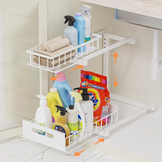 Under Sink Organizer, Heavy Duty Metal Pull Out Cabinet Organizer Slide Out Sink Shelf Organizer Height Adjustable, Multi-Purpose Storage Shelf for Kitchen Bathroom(White,1Pack)