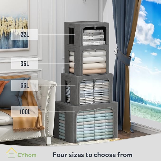CYhom Extra Large Clothes Storage Bins - Linen Fabric Foldable Stackable Container Organizer Set with Clear Window & Carry Handles & Metal Frame (Dark Gray, Extra Large-100L)
