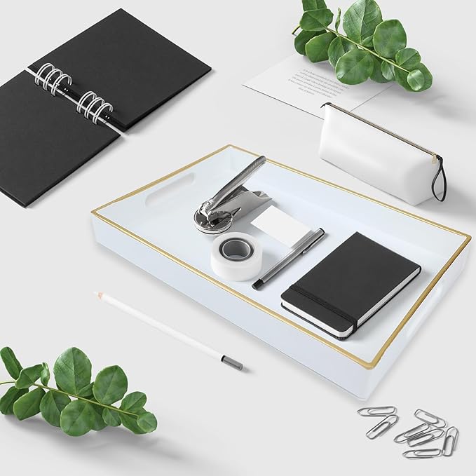 Spsyrine White Bathroom Vanity Tray with Handles for Dresser Tops, Countertop, Perfume Decorative Tray, 11.8â * 7.87â *1.37â