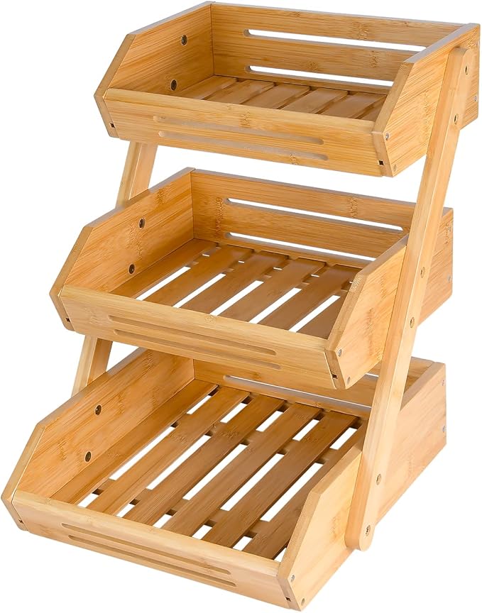 Fruit Basket, 3 Tier Bamboo Fruit Bowl for Kitchen, Stand Storage Holder, Heavy Duty/Large Capacity for Fruit, Vegetables Countertop Organizer