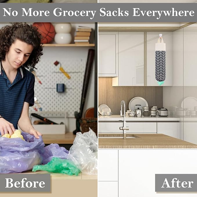 Plastic Bag Holder, Canvas Grocery Bag Holder Dispenser, Wall Mount Shopping Trash Bag Storage Organizer for Home Kitchen (Dark Grey)