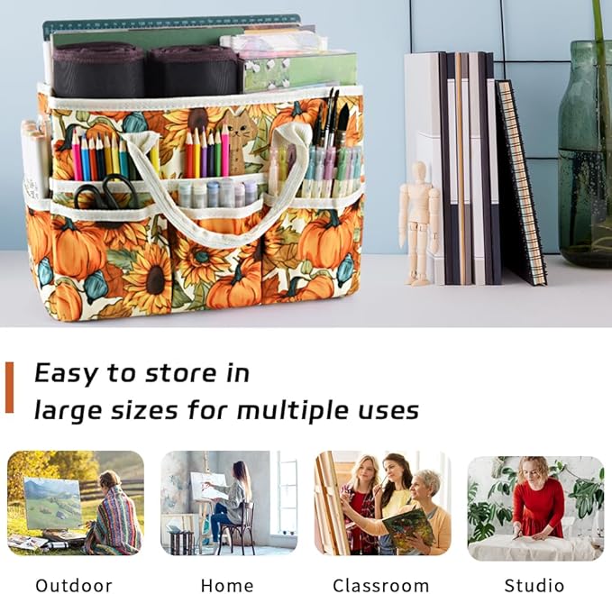 E-WEICHEN Craft Organizer Tote Bag Art Storage Caddy with Multiple Pockets Containers for Art,Craft,and Office Supplies Storage.Pumpkin Flower