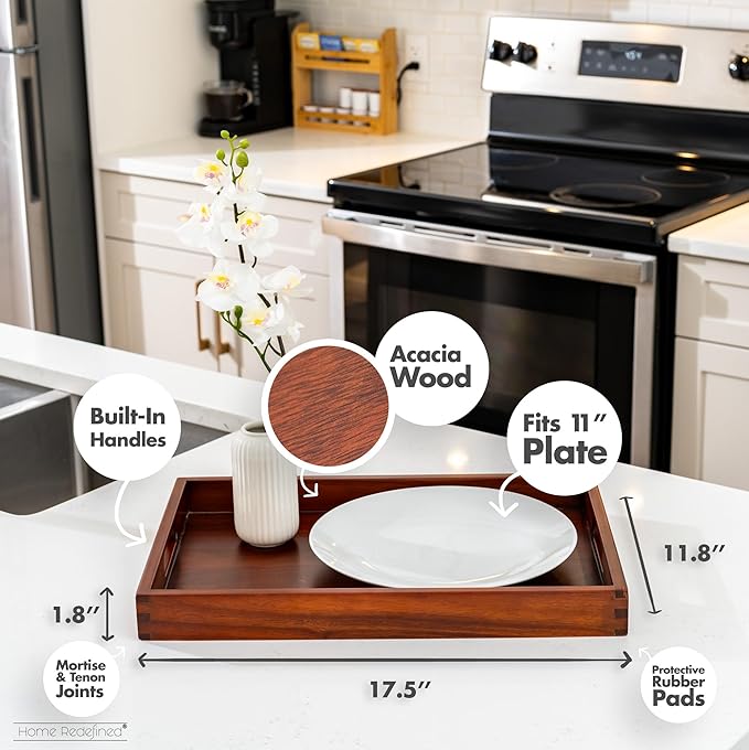 Acacia Wood Serving Tray with Handles, 17.5x12 â Decorative Serving Trays Platter for Breakfast in Bed, Lunch, Dinner, Appetizers, Patio, Ottoman, Coffee Table, BBQ, Party âGreat for Lap & Couch