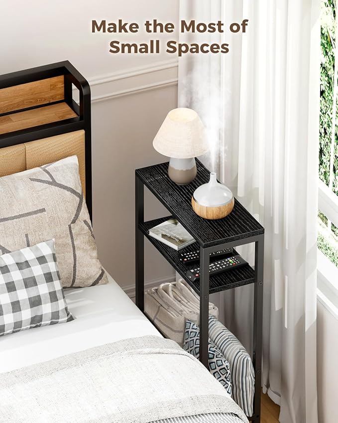 Karii Narrow Side Table, Skinny End Table for Small Spaces with Storage, 3-Tier Slim Wooden Bedside Nightstand Thin Couch Table for Living Room Bedroom Office Dorm Kitchen Bathroom (1, Black)