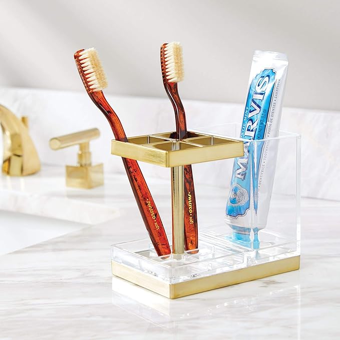 mDesign Plastic Toothbrush and Toothpaste Storage Organizer Holder - Home Decor for Bathroom Countertop - Holds Toiletries and Beauty Accessories - Lumiere Collection - Clear/Soft Brass