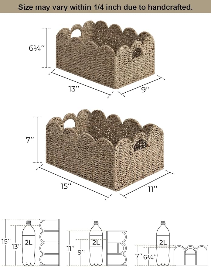 StorageWorks Scalloped Wicker Basket, Woven Baskets for Storage, Rattan Baskets with Handles, Paper Rope Basket for Organizing and Decor, 2 Pack