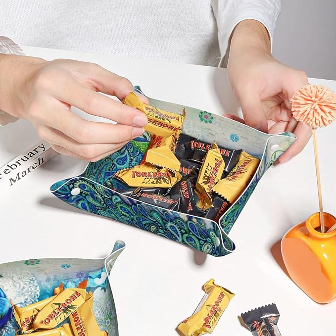 Peacocks and flowers Leather Vanity Tray Desktop Storage Organizer, Decorative Catchall Perfume Tray, Bathroom Valet Tray,Nightstand Caddy Holder for Keys Phone Wallet Coin Jewelry, S