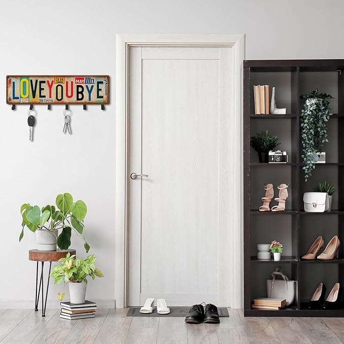 Key Holder Wall Mount Love You Bye Key Holder Hook Rack Organizer Hanger with 6 Hooks for Wall Express Love Art Sign Decor for Entryway Front Door(Vintage Style,11.8 x 4)