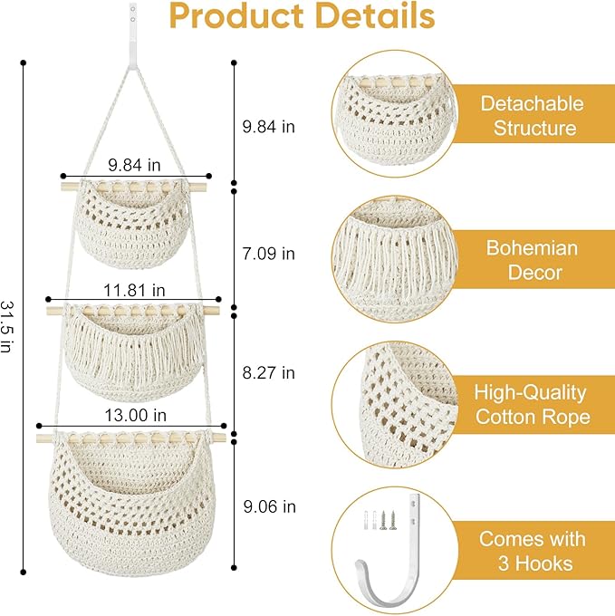 Boho Style Handwoven Rope Hanging Basket - 3-Tier Detachable Storage Organizer for Kitchen/Bathroom/Entryway, 3 Included Heavy-Duty Hooks, 7 Color Options Available (Brown)