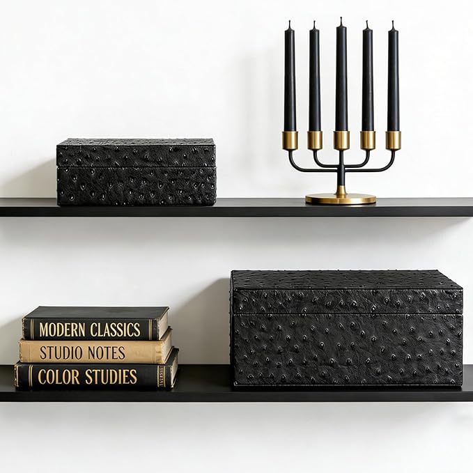 Decorative Storage Boxes Set of 2 Faux Ostrich Leather Decorative Boxes with Lids Large Nesting Jewelry Boxes, Photo Memory Box Modern Home Decor
