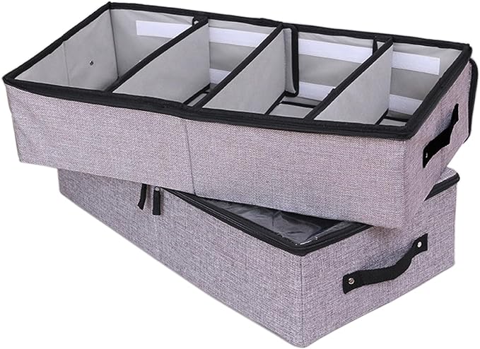AARAINBOW Foldable Under Bed Clothes Organizer with Lid, Fabric Underbed Storage Container with Adjustable Dividers, Long UnderBed Storage Bins with Handles, Clear Shoes Storage Under Bed (2 Gray)