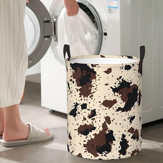 Highland Cow Texture Round Laundry Hamper Cowskin Print Storage Basket Toys Clothes Organizer Bin For Home Bathroom Bedroom Dorm Nursery, 38l
