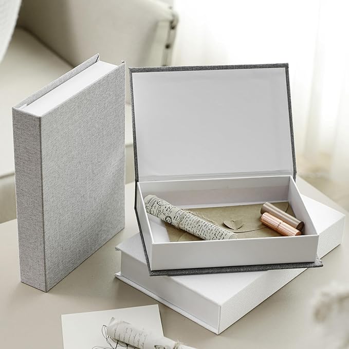 Tioncy 3 Pcs Fake Book Box Neutral Linen Book Box Decorative Faux Prop Storage for Farmhouse Home Decor shelf Table Card Photo DIY Keepsake Gift(Multi Sizes,Gray Tone)