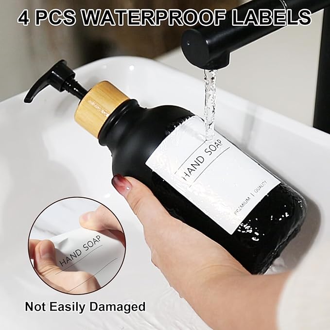 Hand Soap Dispenser Bathroom, Black Dish Soap Dispenser for Kitchen, 17 Fl Oz Plastic Hand and Dish Soap Dispensers Set with Bamboo Pump, 2 Pack Refillable Liquid Lotion Containers Bottle