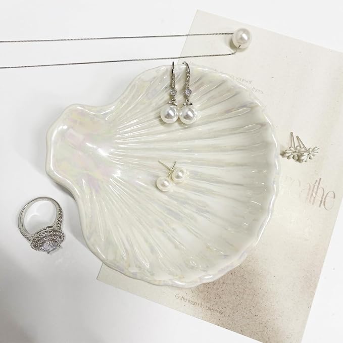 Ring Dish Shell Shape Ceramic Jewelry Dish Tray, Decorative Trinket Dish Organizing Rings Earrings Necklaces Keys for Mom Friend Sister, 3.9", White Iridescent Surface