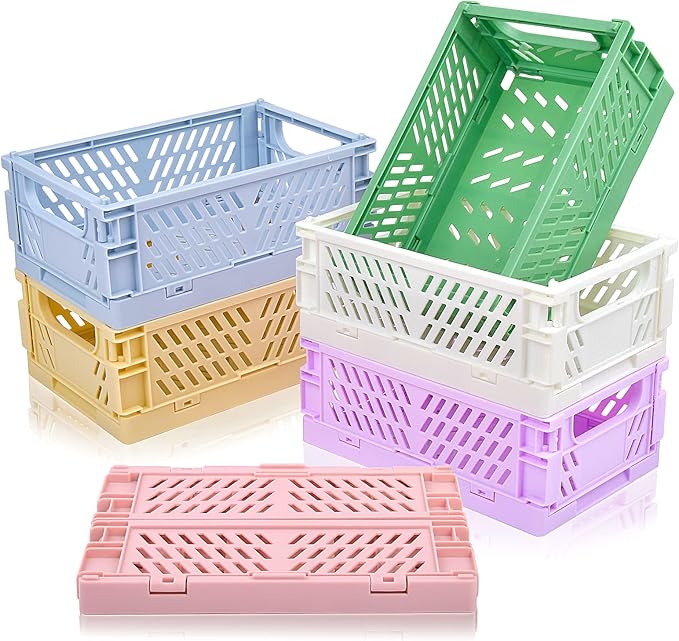 6-Pack Mini Plastic Storage Basket for Shelves Organizing, Small Basket Folding Plastic Crate Compact Storage Bin Organization for Classroom Home Kitchen Office,Christmas/New Year's/Thanksgiving Gifts