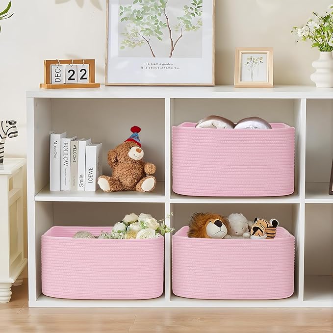 2 Pack Large Storage Basket for Organizing, 17.5"x13.5"x7.5" Woven Basket for Shelves, Closet Cube Storage Bins with Wrapped Handle, Cotton Rope Baskets for Kitchen, Clothes, Toys(Light Pink)