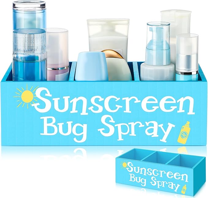 Sunscreen Bug Spray Storage Basket Blue Summer Wooden Box with 3 Compartments Toilet Tank Tray for Indoor Outdoor Swimming Pool Decor Sunblock Sunglasses Beach Pool Toy Storage Box