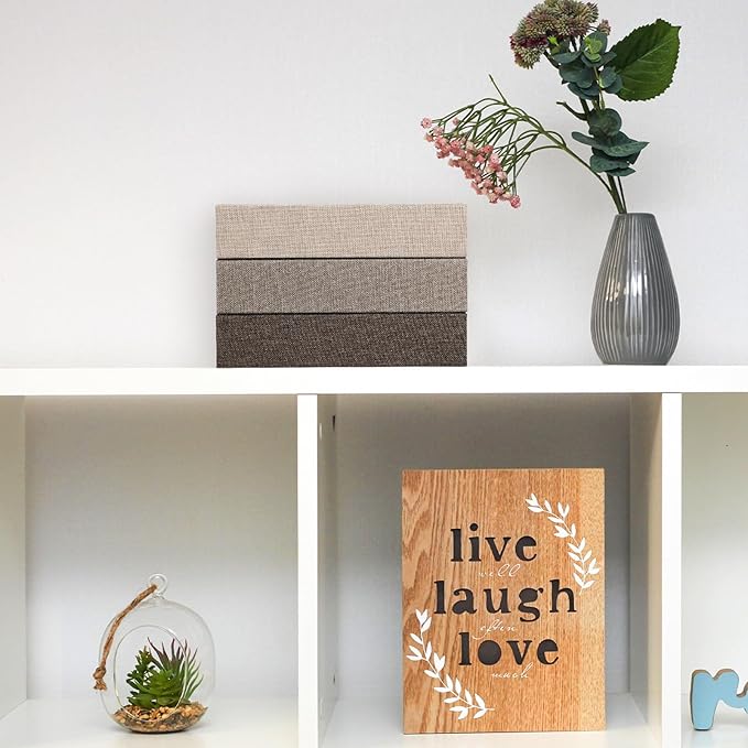 Tioncy 3 Pcs Fake Book Box Neutral Linen Book Box Decorative Faux Prop Storage for Farmhouse Home Decor shelf Table Card Photo DIY Keepsake Gift(8.6 x 6.1 x 1.8 Inch,Khaki, Dark Coffee, Light Coffee)