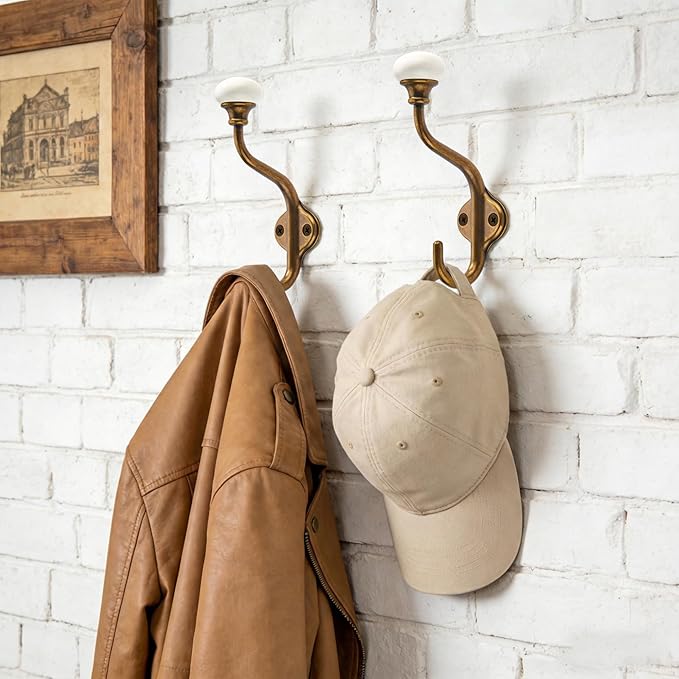 TUNNY Coat Hooks - 5 Pack Antique Brass Towel Hooks Robe Hooks Decorative Wall Hooks for Bathroom Bedroom Kitchen Towel Robe Clothes Cabinet Closet Bathroom Hardware