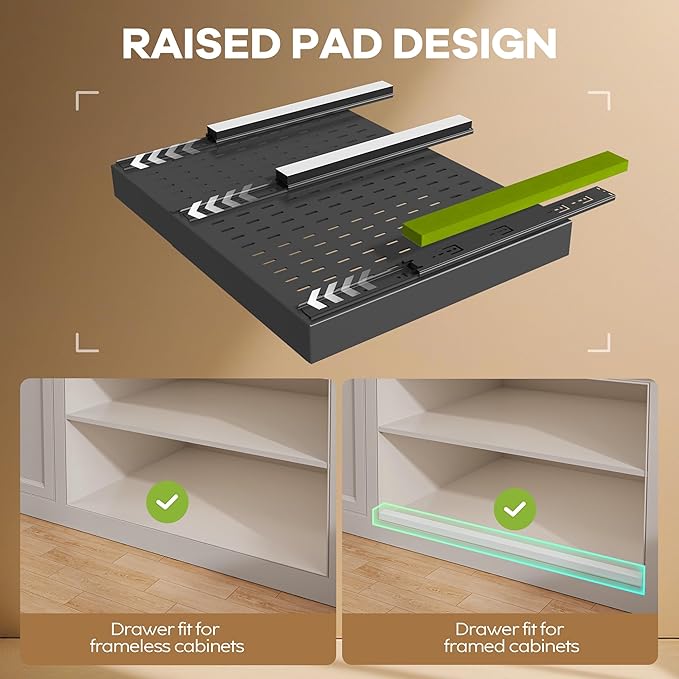 4 Pack Pull out Cabinet Organizer 21" Deep With Raising Pad for Framed Cabinets,Expandable (15.2"-26.3"W) Slide out Drawers for Kitchen Cabinets with 4pcs Divider Racks,Roll out Shelves,Black